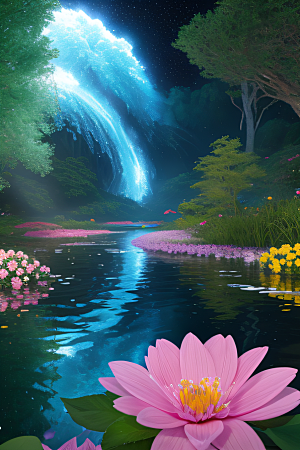 水流湍急中的花海奇景绚烂夺目