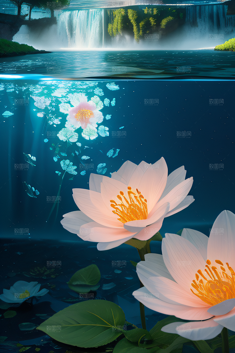 水流湍急中的花卉绽放美轮美奂