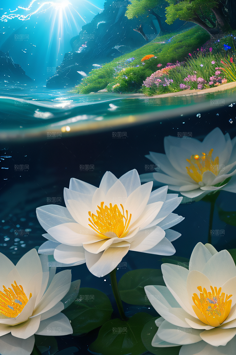 水流湍急中的花卉绽放美轮美奂