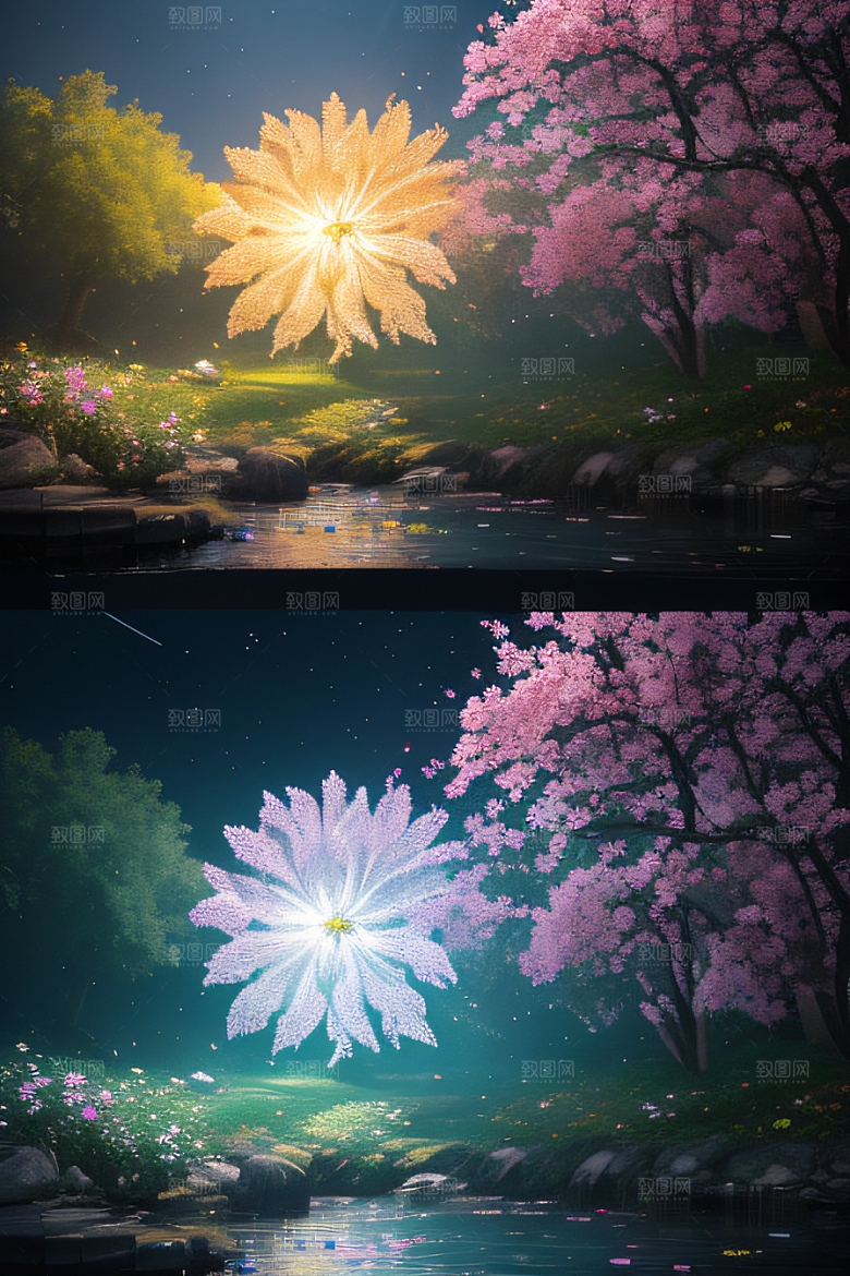 水流湍急中的花卉绽放美轮美奂
