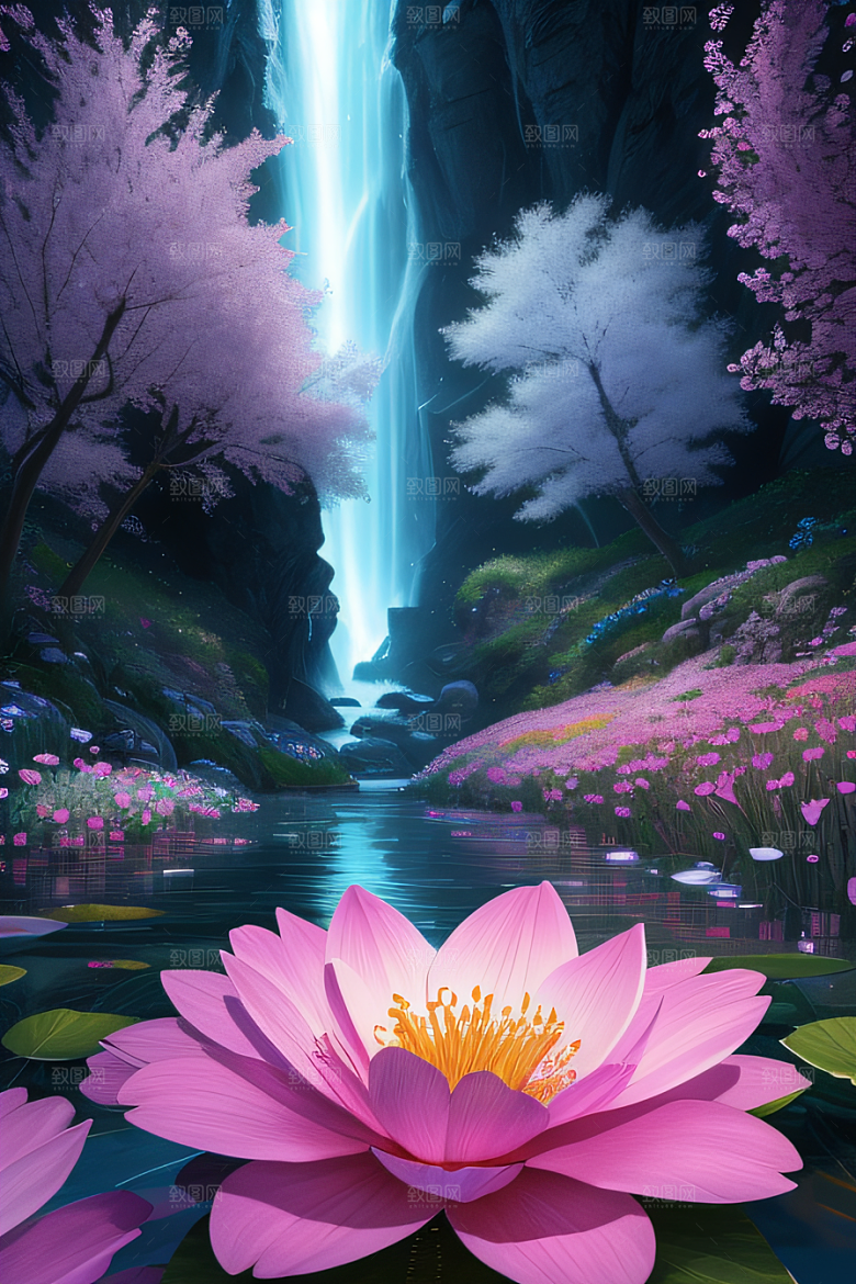 水流湍急中的花卉绽放美轮美奂