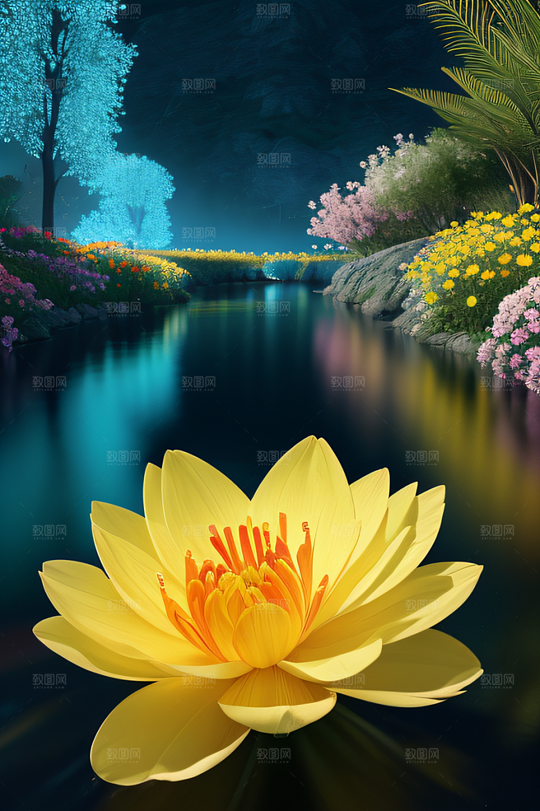 水流湍急中的花卉绽放美轮美奂