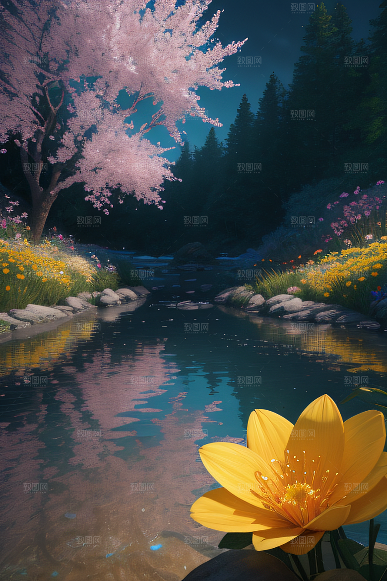 水流湍急中的花卉绽放美轮美奂