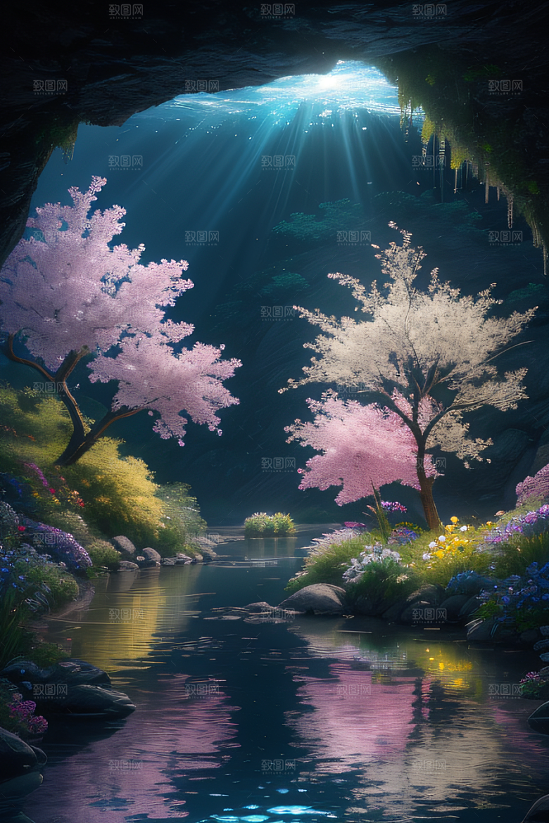 水流湍急中的花卉绽放美轮美奂