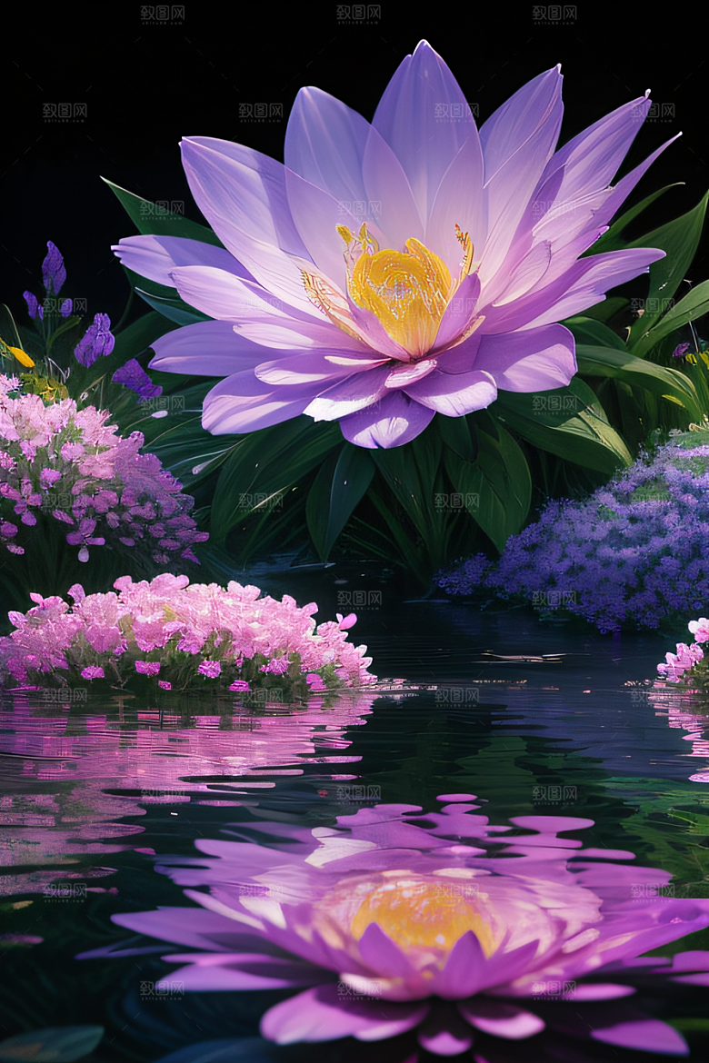 水流湍急中的花朵景观绚烂多彩
