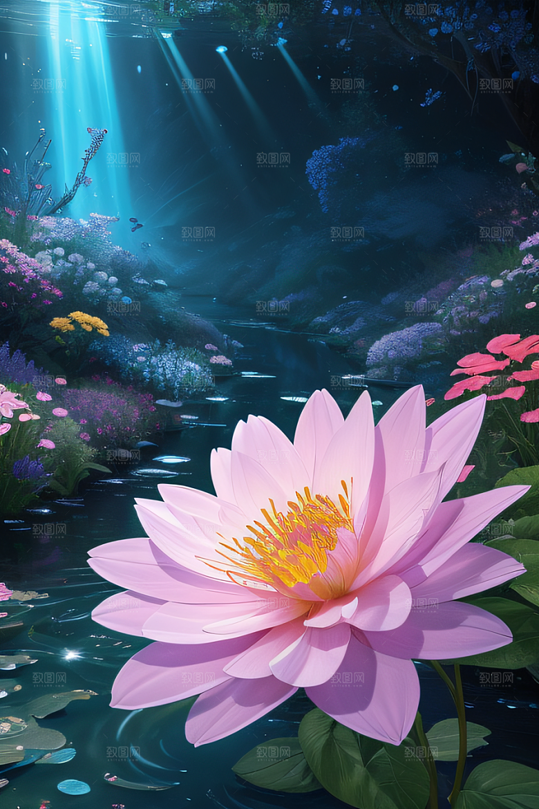 水流湍急中的花朵景观绚烂多彩
