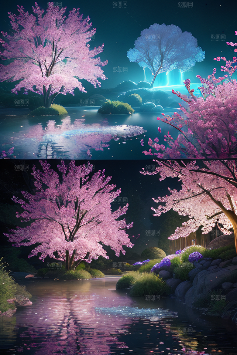 水流湍急中的花朵景观绚烂多彩