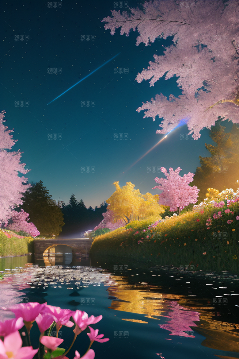 水流湍急中的花朵景观绚烂多彩