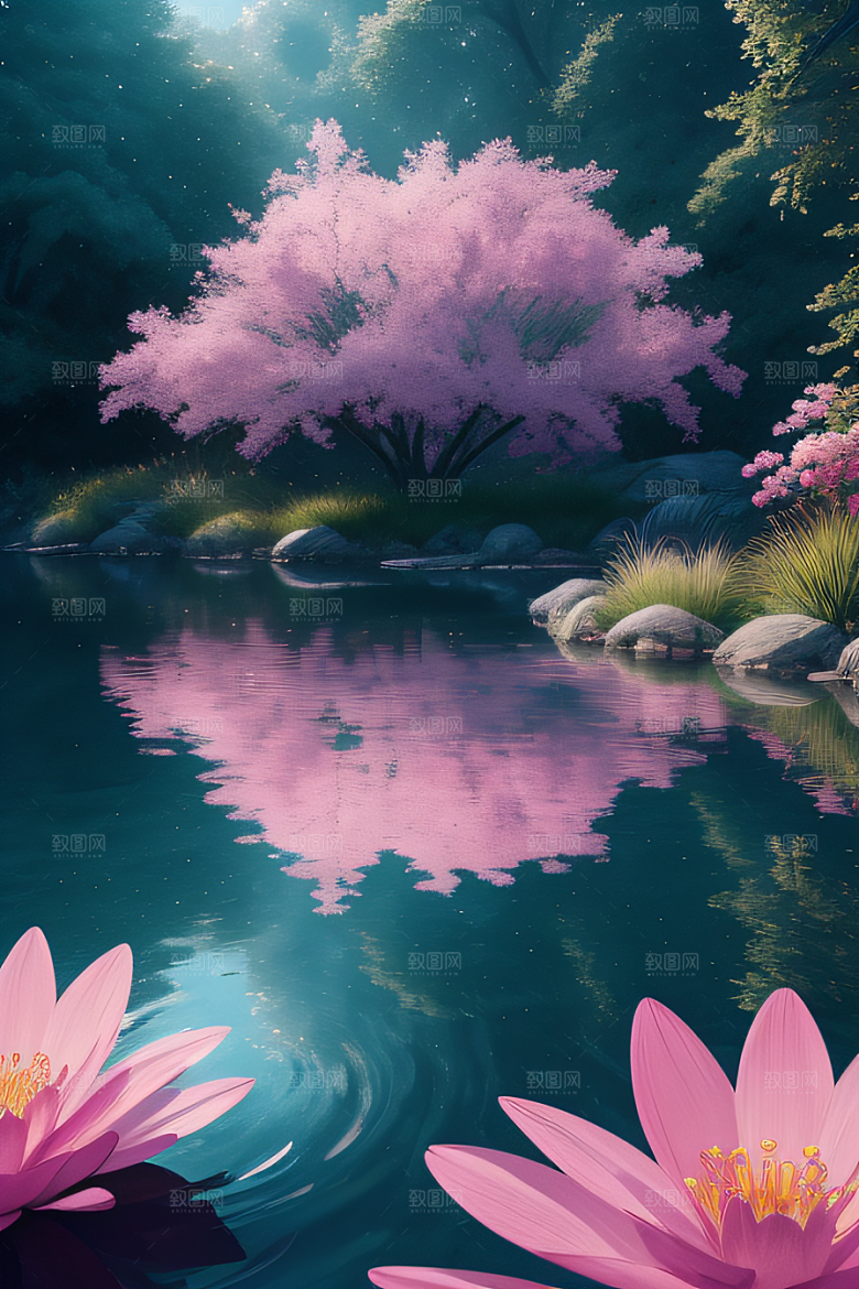 水流湍急中的花朵景观绚烂多彩