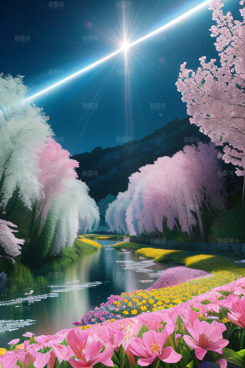 水流湍急中的花朵景观绚烂多彩