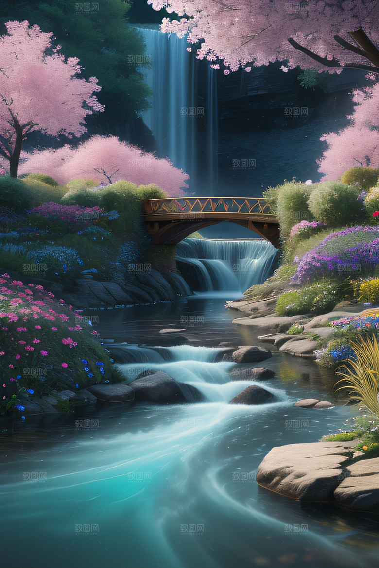水流湍急中的花朵景观绚烂多彩