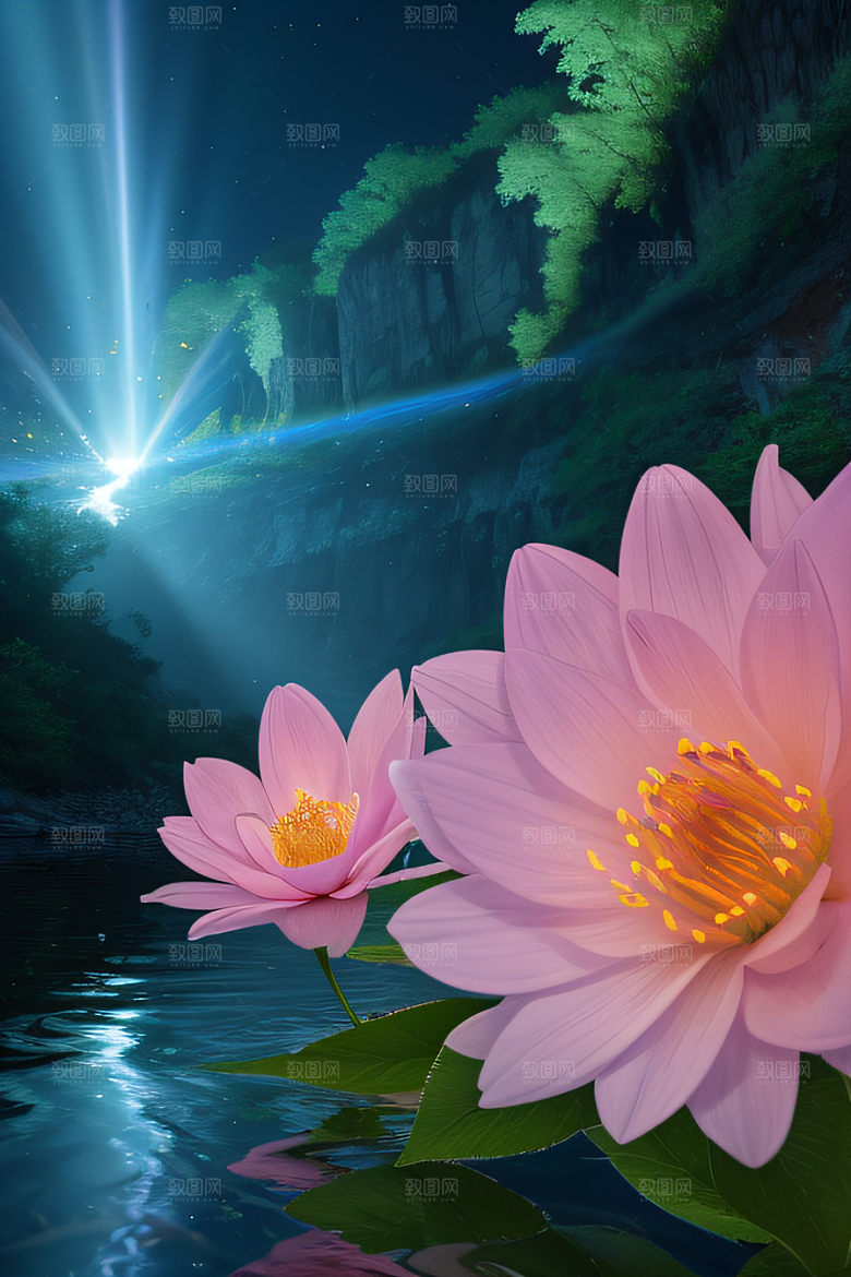 水流湍急中的花朵景观绚烂多彩