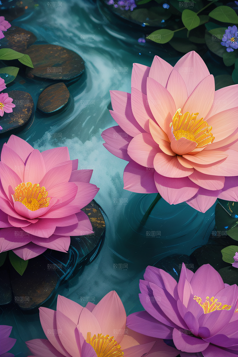 水流湍急中的花朵景观绚烂多彩