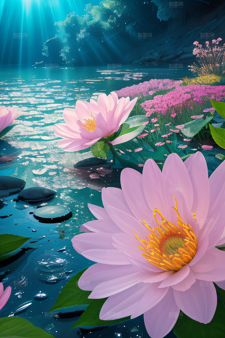 水流湍急中的花朵景观绚烂多彩