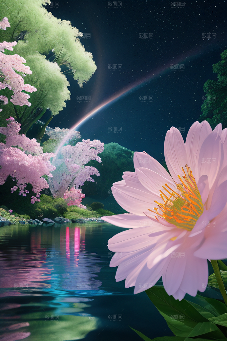 水流湍急中的花卉奇观视觉盛宴