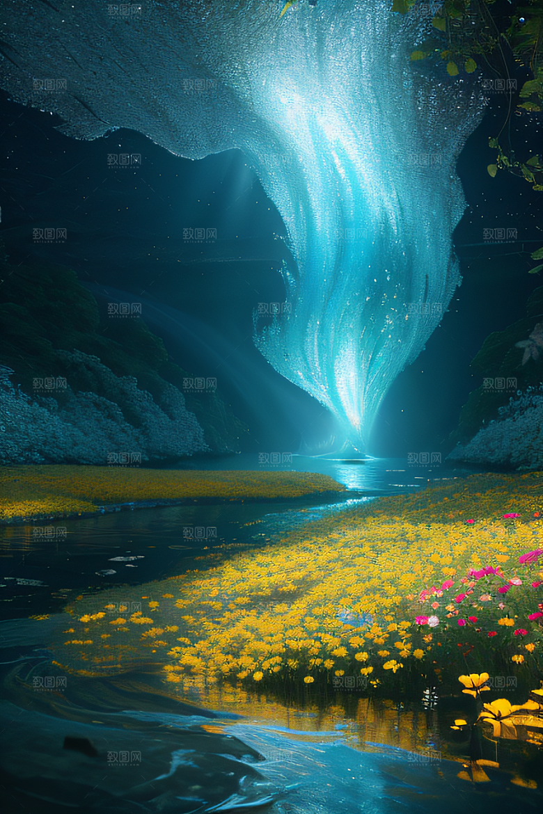 水流湍急中的花卉奇观视觉盛宴