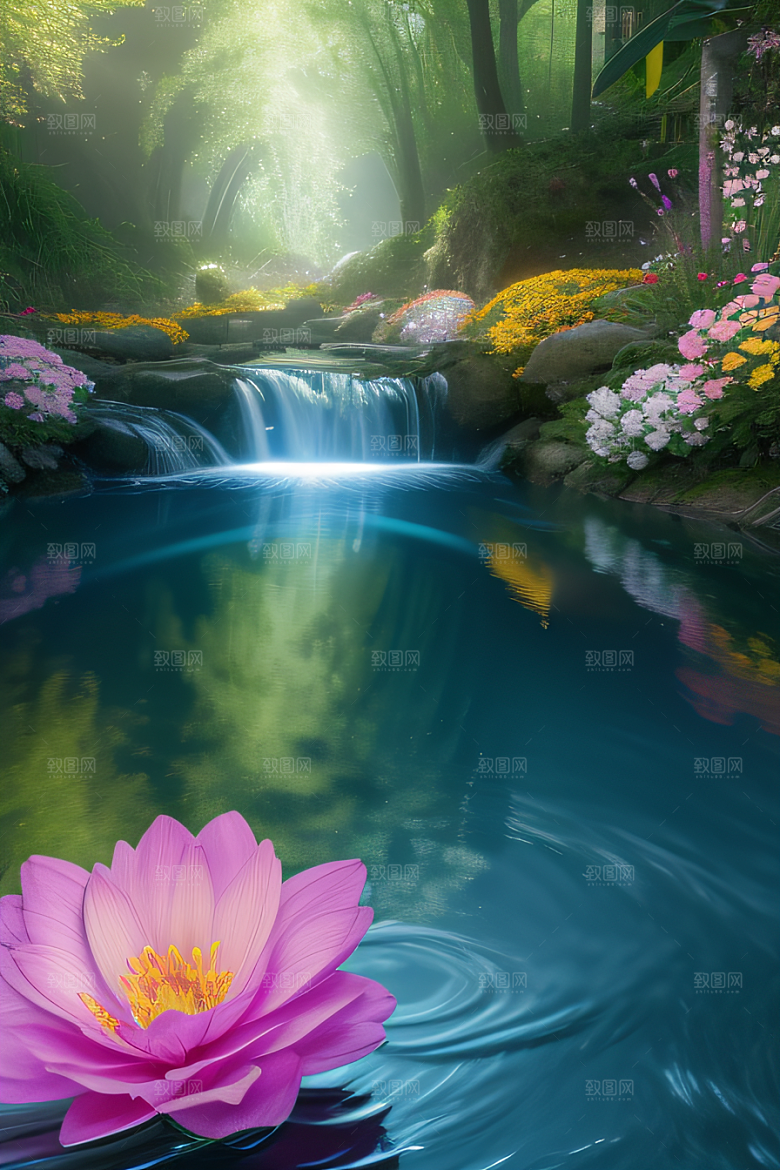 水流湍急中的花朵绽放美丽奇观