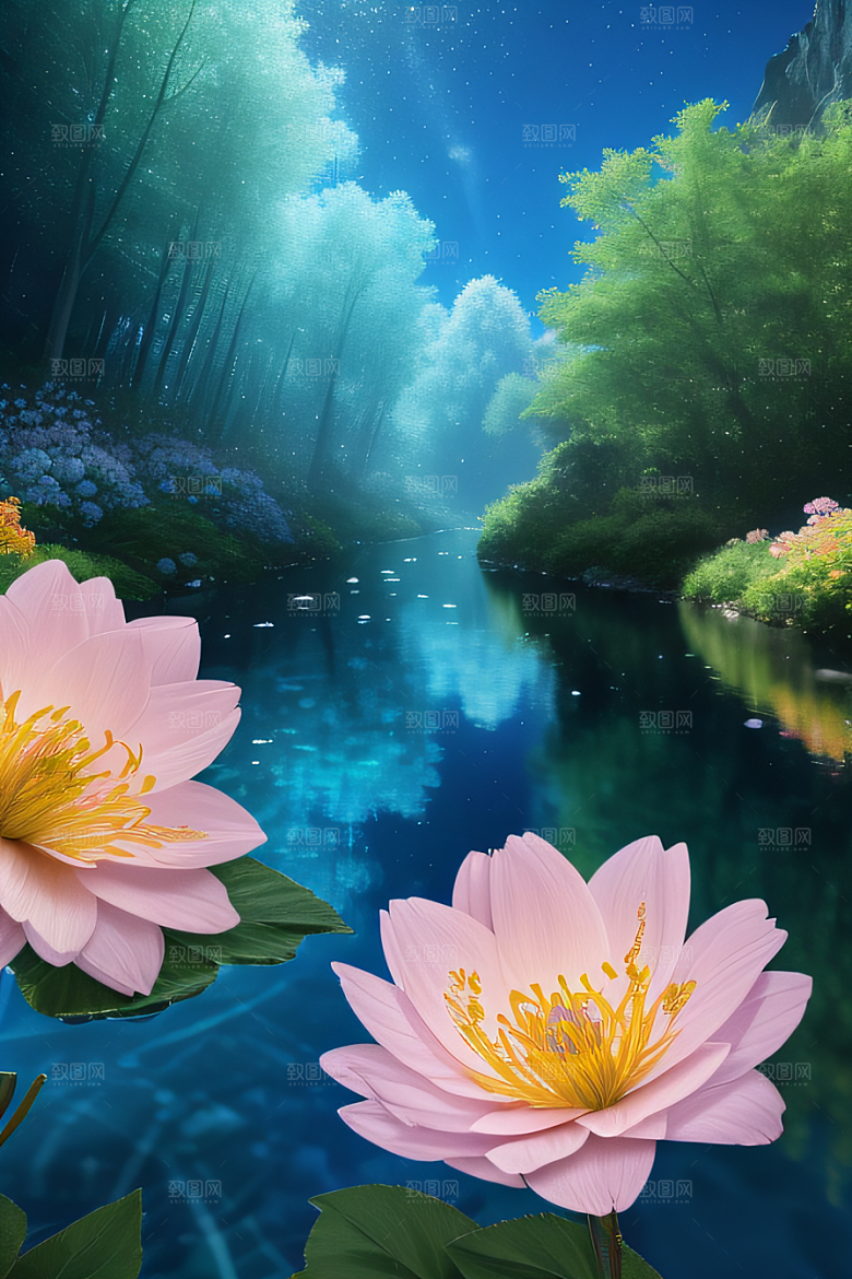 水流湍急中的花朵绽放美丽奇观