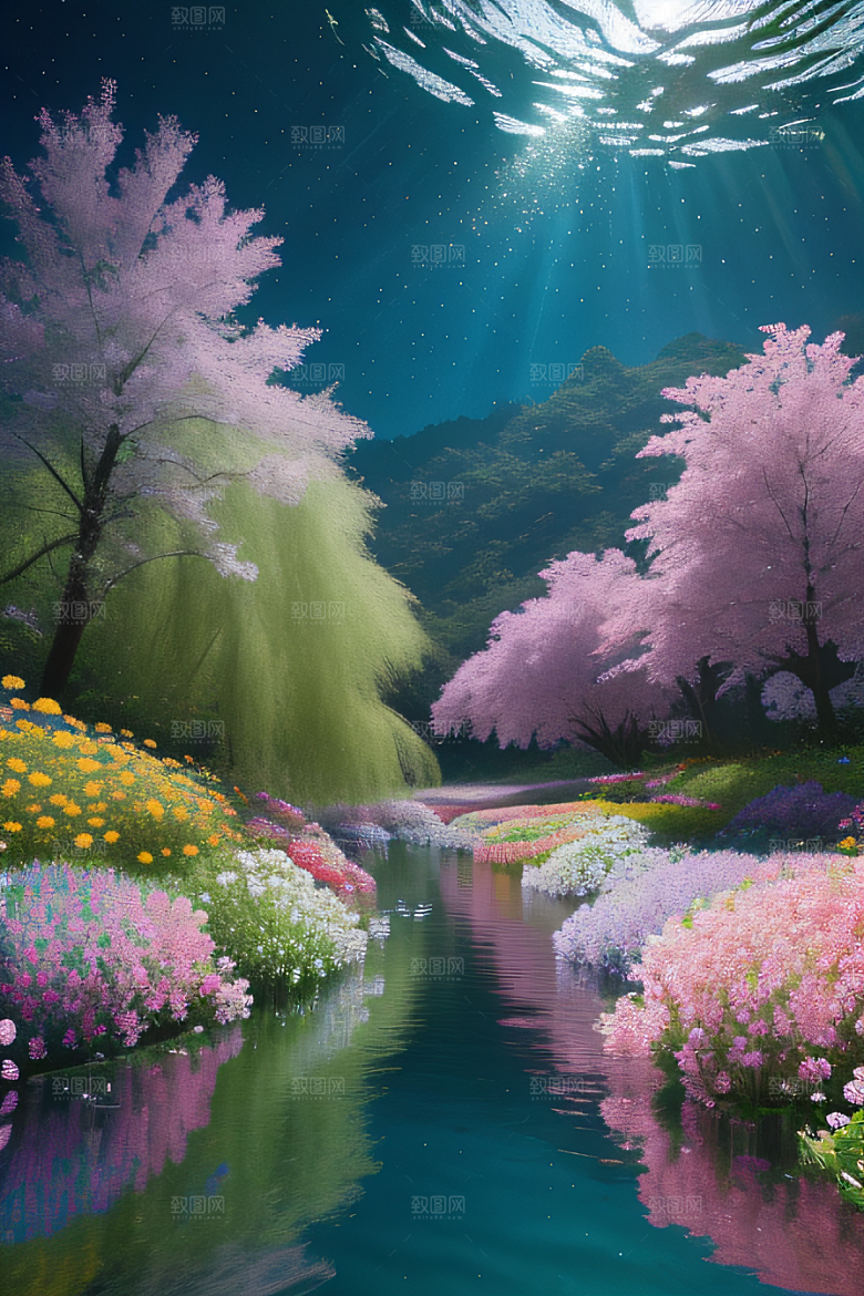 水流湍急中的花朵绽放美丽奇观