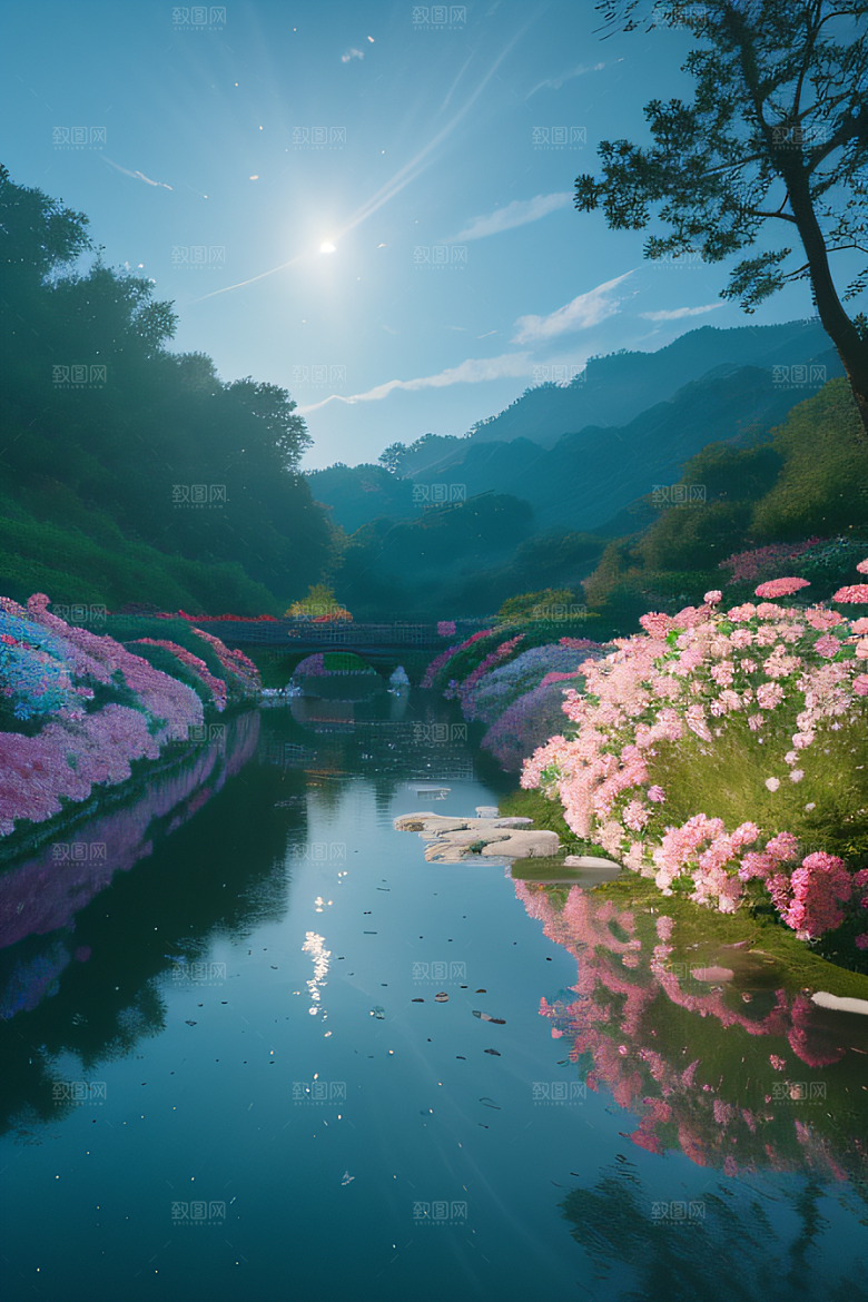 水流湍急中的花海奇观视觉盛宴