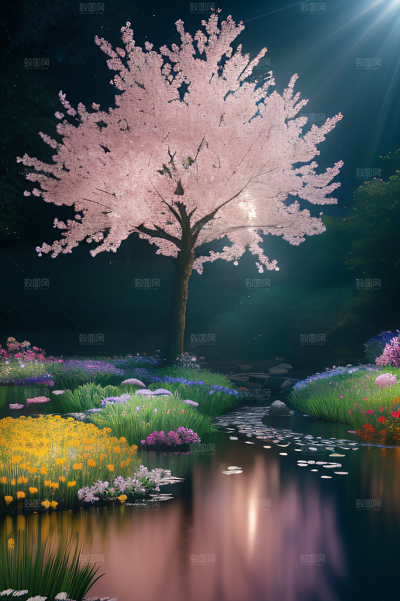 水流湍急中的花海奇观视觉盛宴