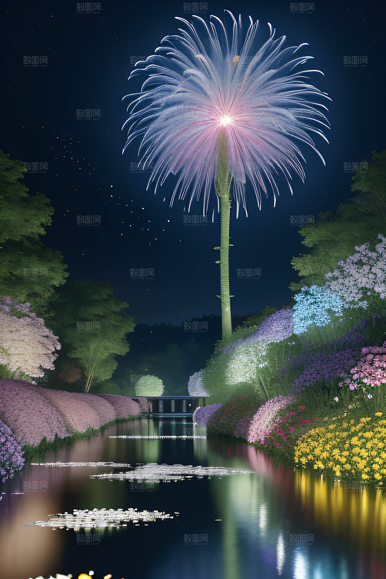 水流湍急中的花海奇观视觉盛宴