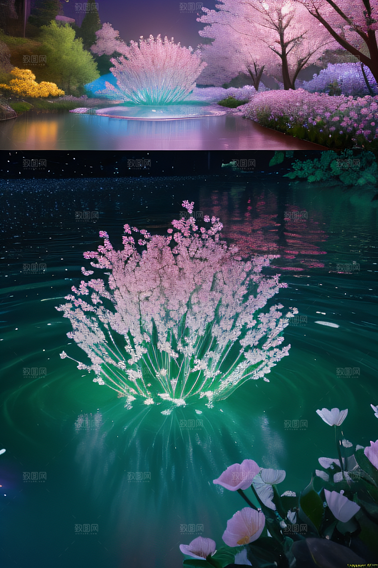 水流湍急中的花海奇观视觉盛宴