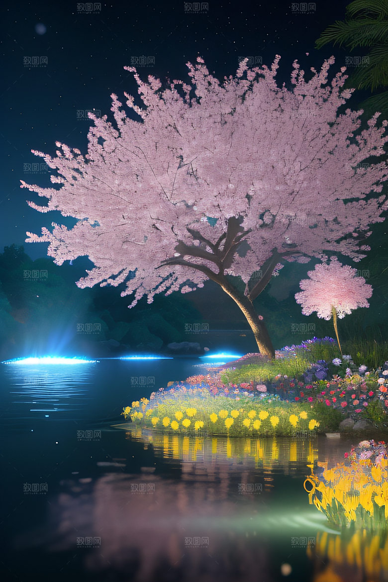 水流湍急中的花海奇观视觉盛宴