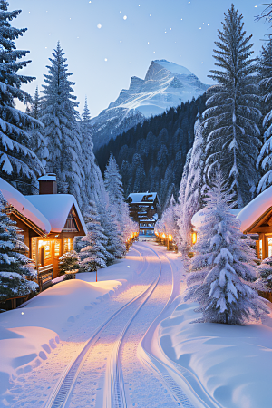 瑞士小镇冬日的雪景仙境