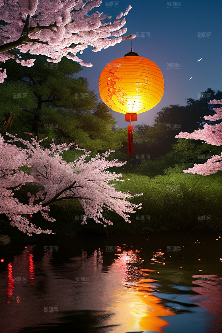 梦幻色彩月亮与灯笼