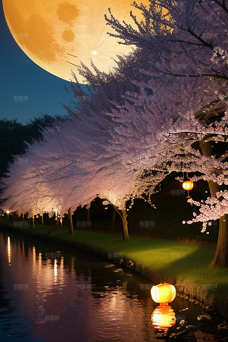 浪漫之夜樱花与圆月