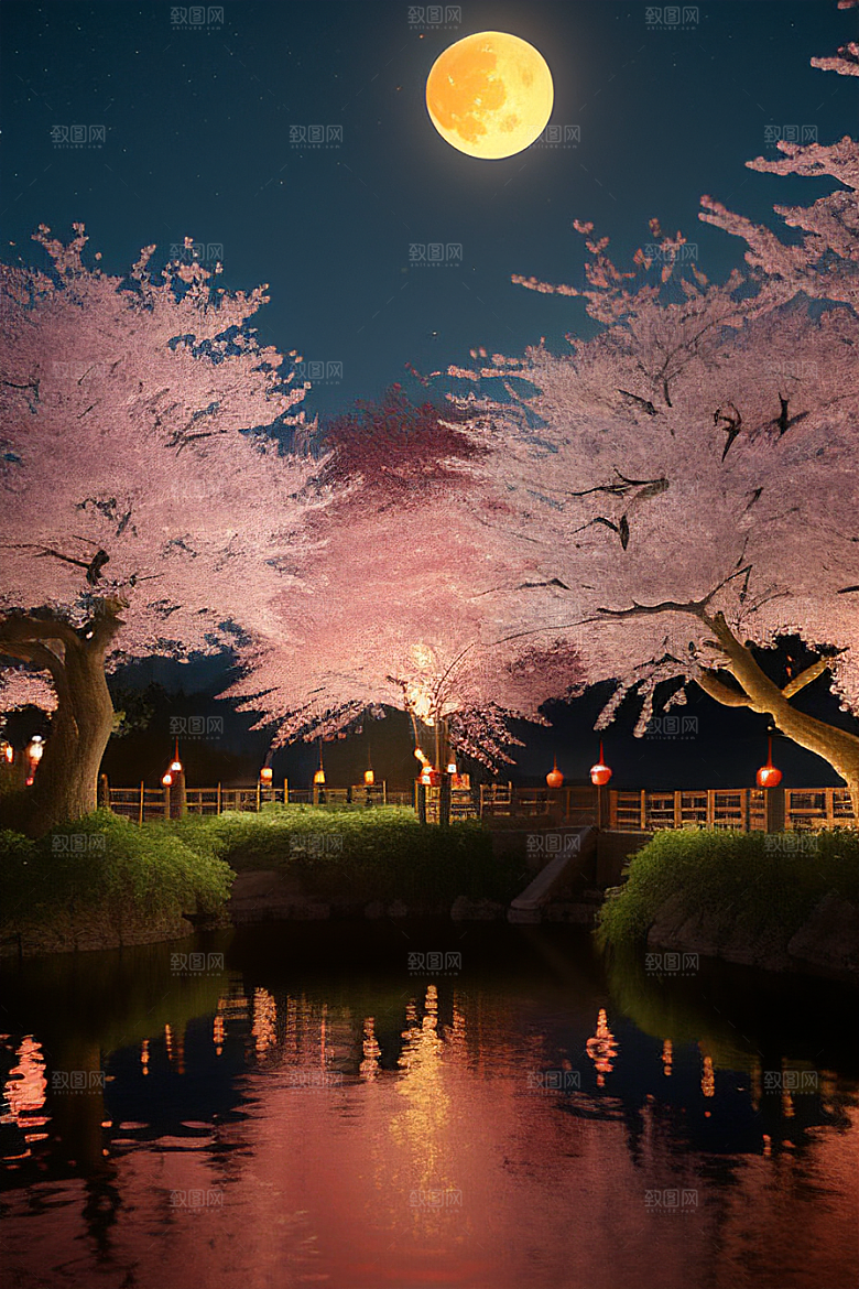浪漫之夜樱花与圆月