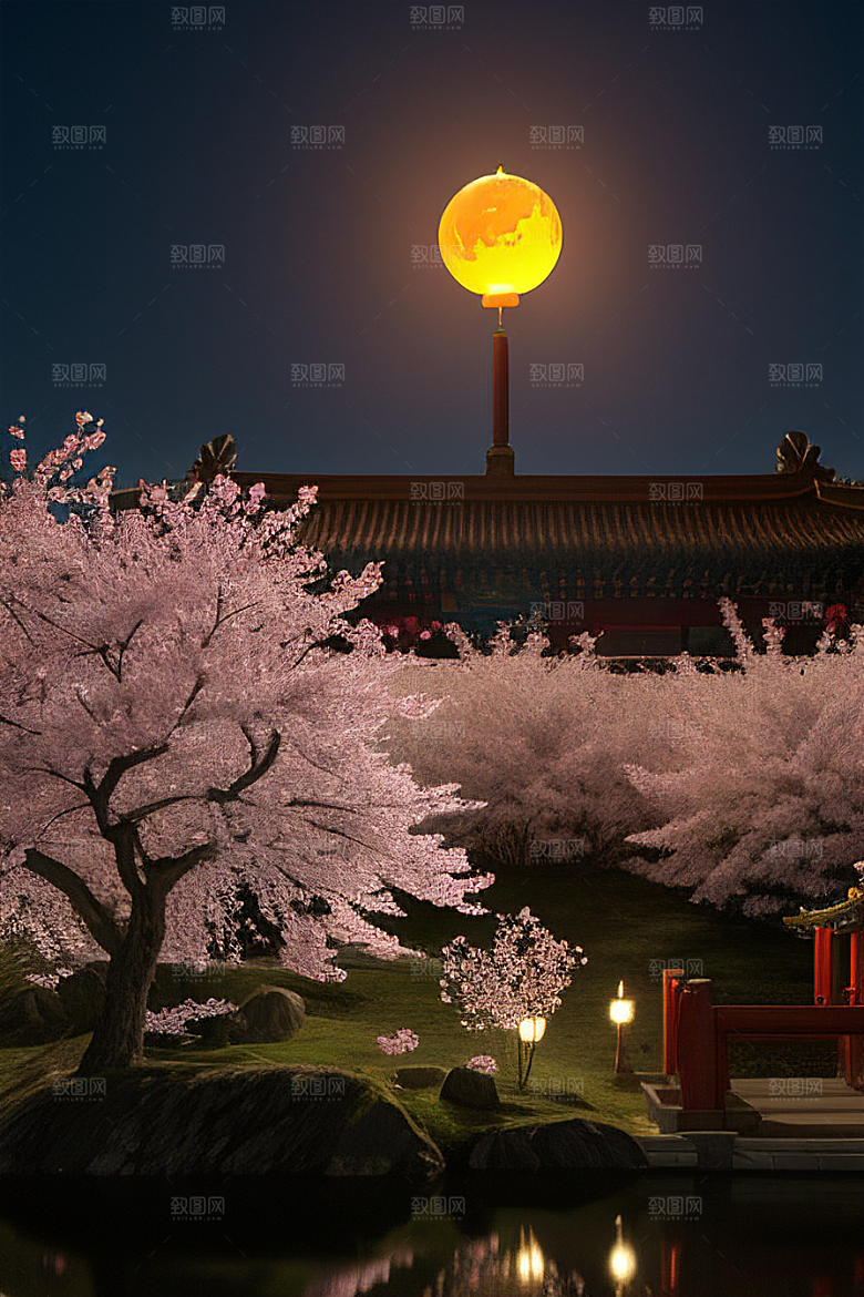 浪漫之夜樱花与圆月
