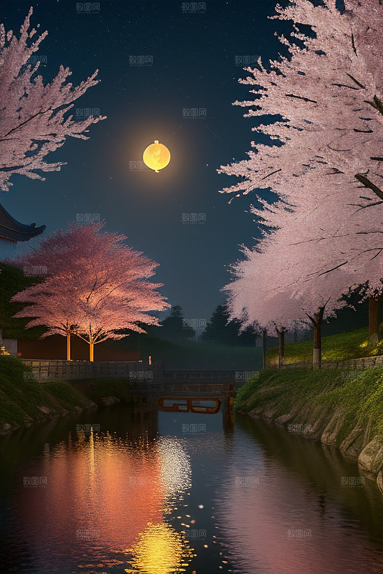 浪漫之夜樱花与圆月