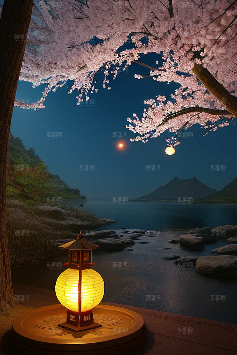 浪漫之夜樱花与圆月