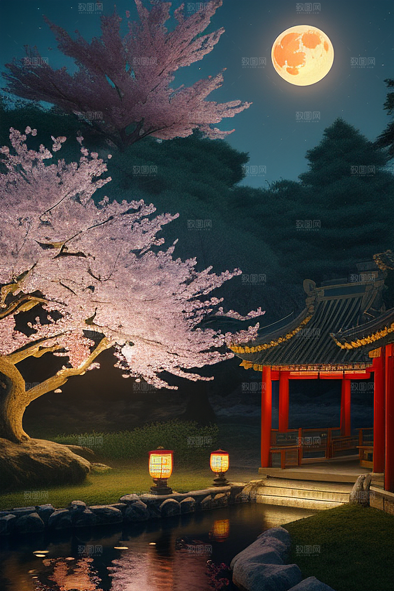 浪漫之夜樱花与圆月