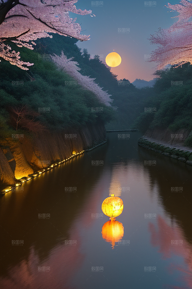 浪漫之夜樱花与圆月