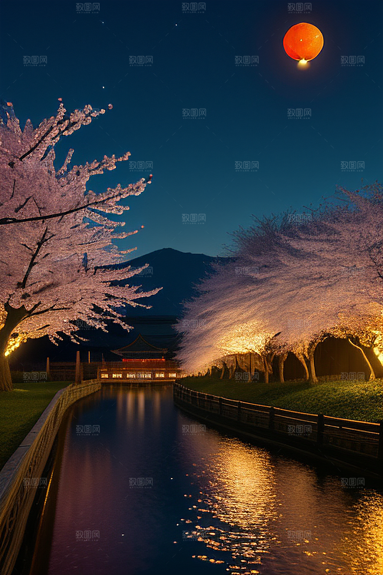 浪漫之夜樱花与圆月