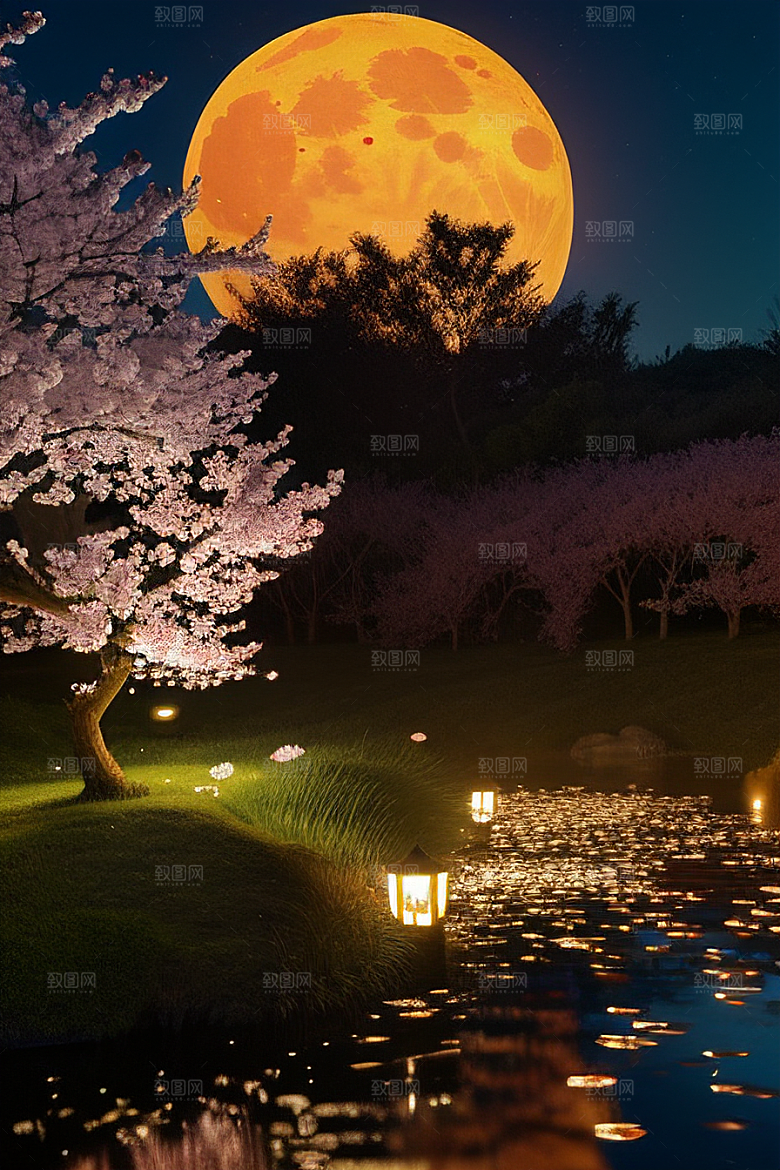 浪漫之夜樱花与圆月