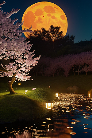 浪漫之夜樱花与圆月