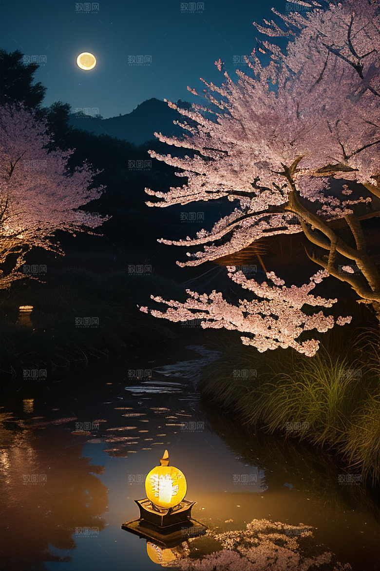 浪漫之夜樱花与圆月