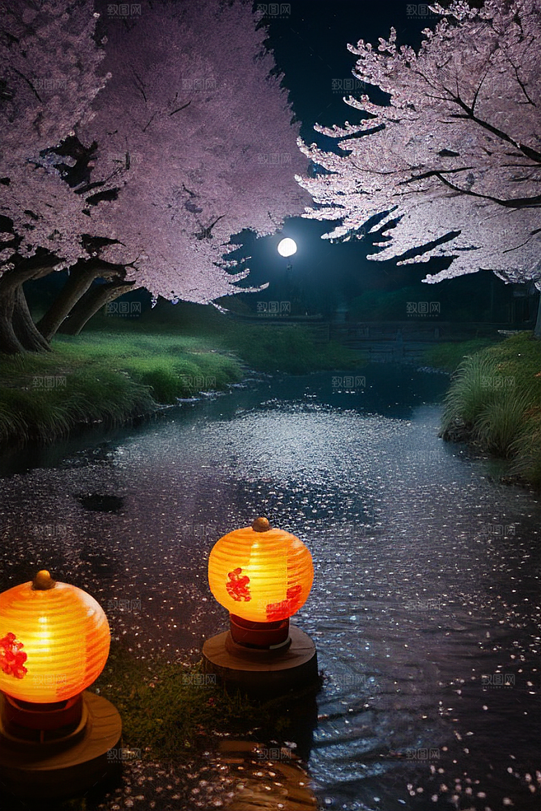 浪漫之夜樱花与圆月