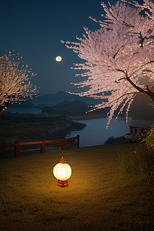 中秋月圆夜樱花与美景