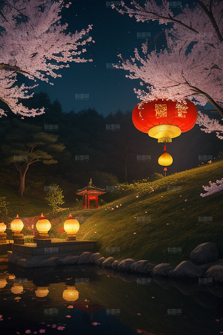 中秋月圆夜樱花与美景