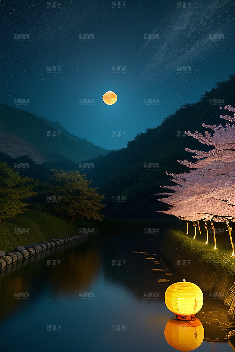 中秋月圆夜樱花与美景