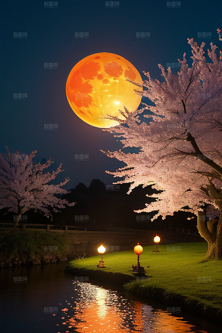 中秋月圆夜樱花与美景