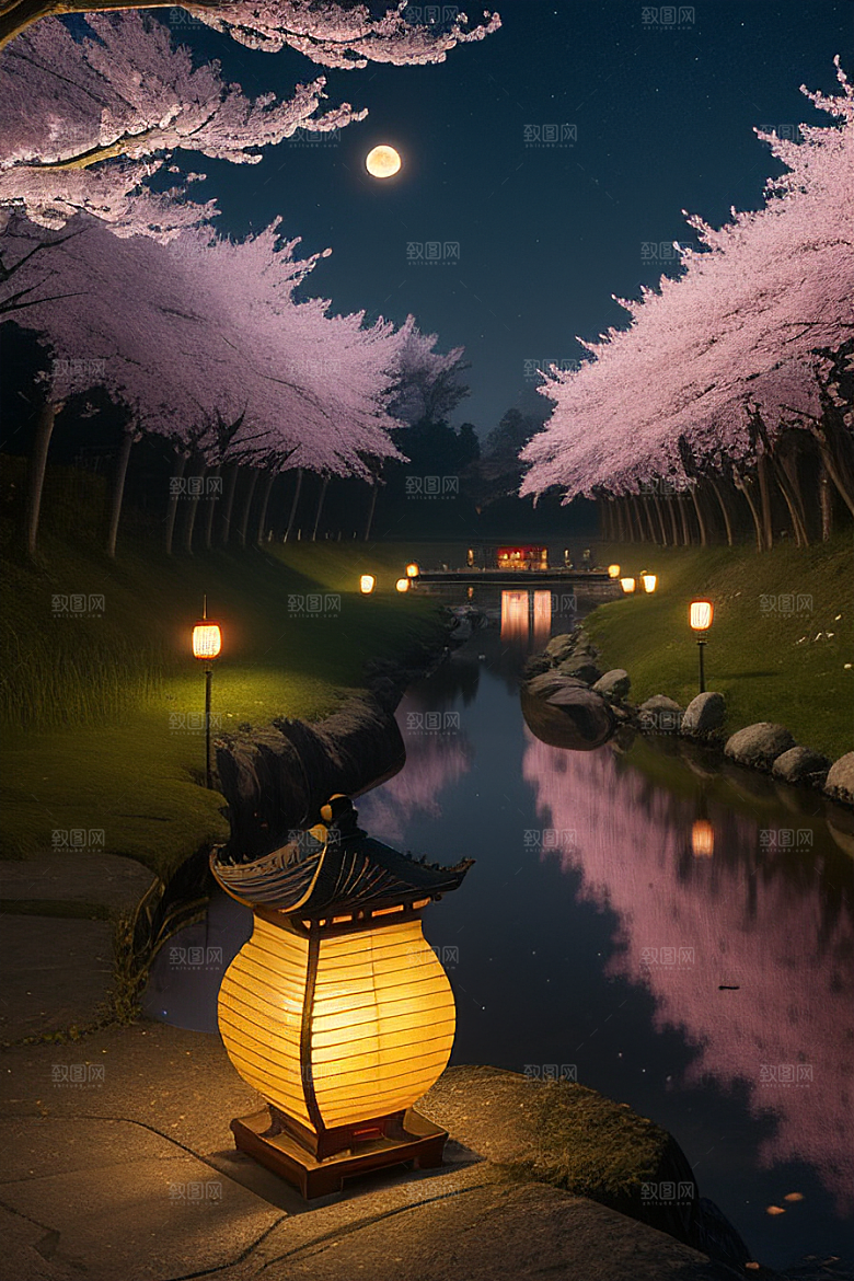 中秋月圆夜樱花与美景