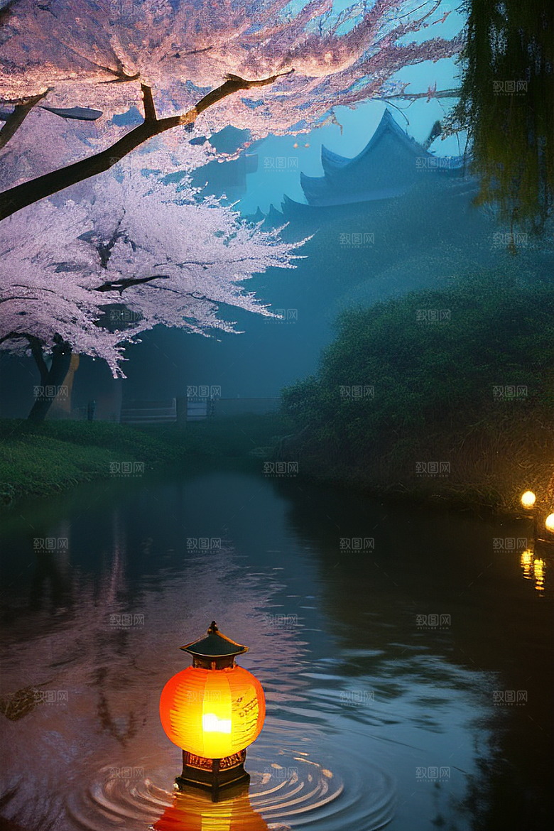 中秋月圆夜樱花与美景