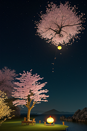 中秋月圆夜樱花与美景