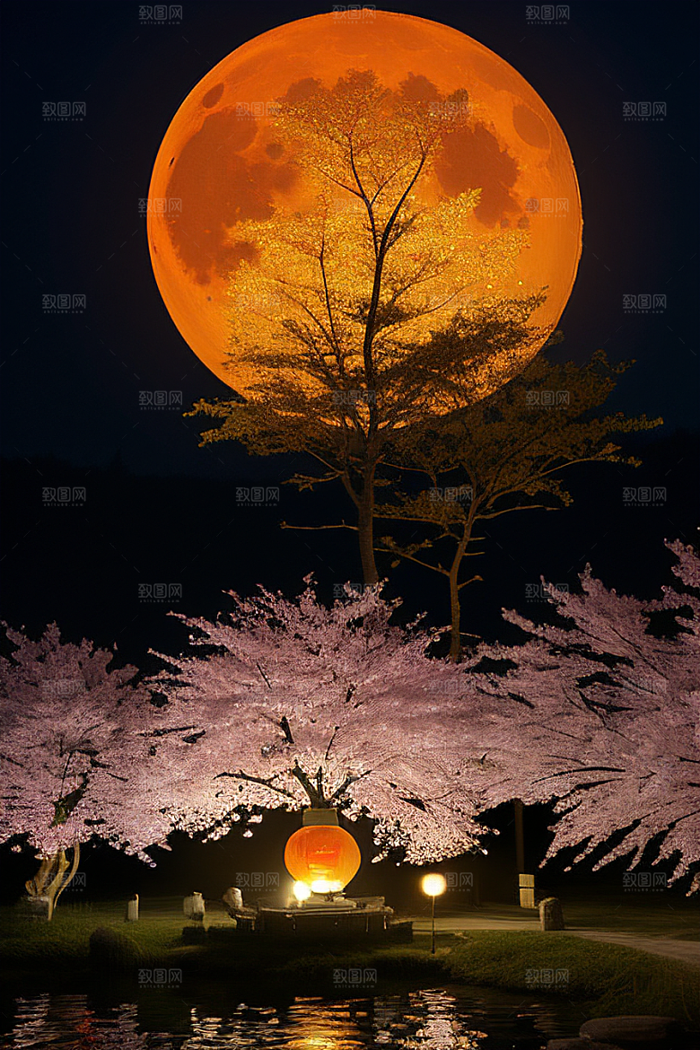 中秋月圆夜樱花与美景